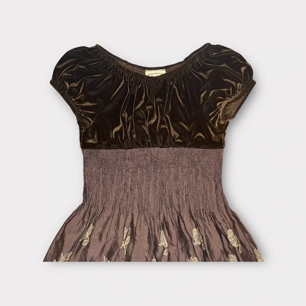 Pink Vanilla Vintage Velour Bodice Brown Floral Bottom Smocked Dress